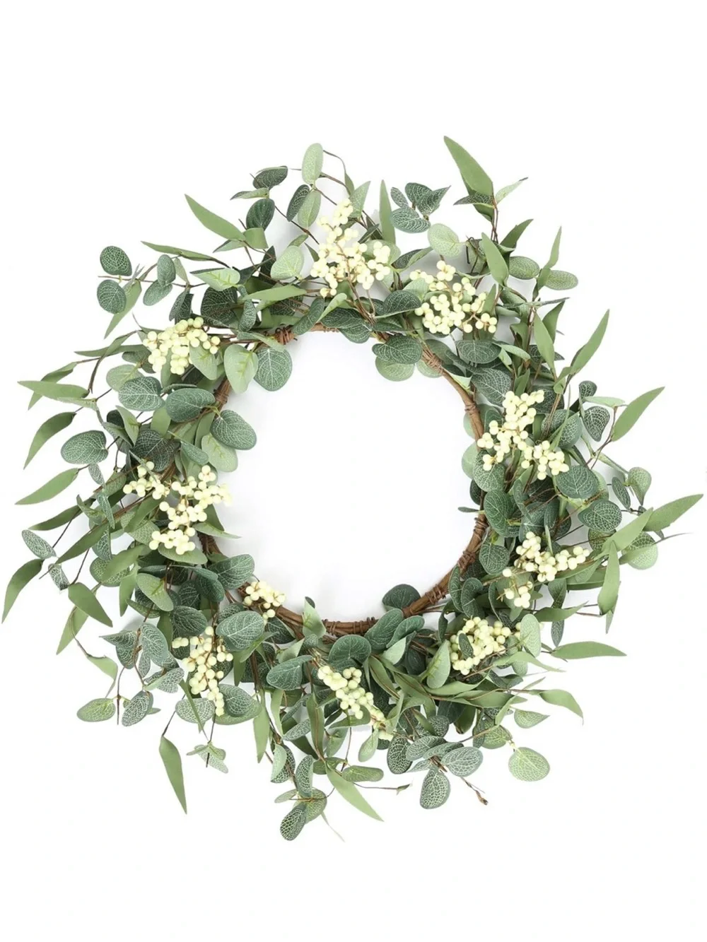 Faux Eucalyptus and Berry Holiday Wreath - Green and Cream 20